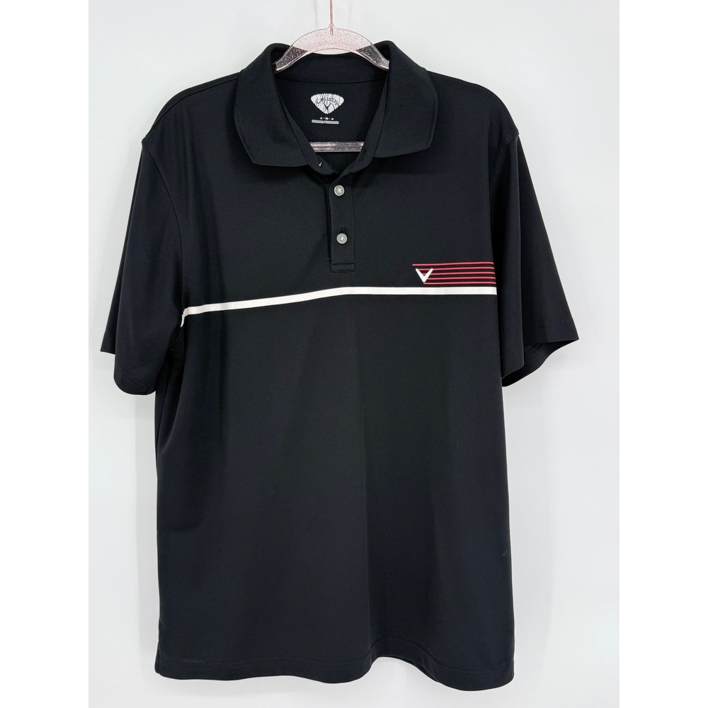Callaway Mens Black Short Sleeve Golf Polo Shirt Striped‎ Logo Size XL